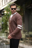 Saç Örgü Kolları Şerit Detaylı Triko Hırka - Kahve - 1