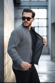 Oversize Selanik Örme Fermuarlı Erkek Hırka- Füme - 2