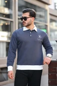 Polo Yaka Düğmeli Nakışlı Sweatshirt - Füme - 3