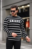 Unique Baskılı Çizgili Erkek Sweatshirt - Siyah - 3