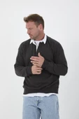 Polo Yaka Selanik Örme Kumaş Erkek Sweatshirt - Füme - 7