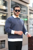 Polo Yaka Düğmeli Nakışlı Sweatshirt - Füme - 5