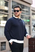 Polo Yaka Düğmeli Nakışlı Sweatshirt - Lacivert - 2