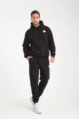 Oversize Puf Baskılı Erkek CozyFit Şardonlu Eşofman Takımı - Siyah - 1
