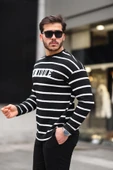 Unique Baskılı Çizgili Erkek Sweatshirt - Siyah - 1
