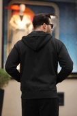 İçi Peluş Üç İplik Kumaş Oversize Fermuarlı Kapüşonlu Sweatshirt- Siyah - 6