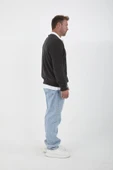 Polo Yaka Selanik Örme Kumaş Erkek Sweatshirt - Füme - 4