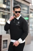 Polo Yaka Düğmeli Nakışlı Sweatshirt - Siyah - 1