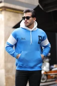 Sportif Şerit Detaylı Şardonlu Kapüşonlu Sweatshirt - Mavi - 3
