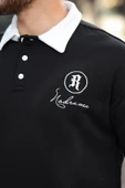 Polo Yaka Düğmeli Nakışlı Sweatshirt - Siyah - 3