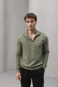 Lars Selanik Örme Kumaş Yarım Fermuar Erkek Sweatshirt - Haki thumbnail 2