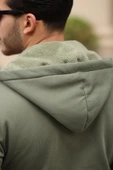 İçi Peluş Üç İplik Kumaş Oversize Fermuarlı Kapüşonlu Sweatshirt- Avcı Yeşili - 4