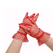 Kısa Boy Güpürlü Kırmızı Puantiyeli Tül Eldiven Kırmızı Renk - 1