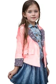 Kız Çocuk Yakası ve Bilekleri Pulpayet İşlemeli Çift Düğmeli Pudra Blazer Ceket thumbnail 5