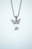 Minimal Kanatlı Melek Gümüş Kaplama Örme Zincir Kolye thumbnail 1