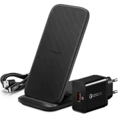 Spigen Essential F316W Qi Kablosuz Şarj Cihazı + Quick Charge 3.0 18W Priz Adaptörü + USB-C to USB-A Şarj Kablosu (iOS 7.5W / Android 15W Hızlı Şarj Destekli) - OUTLET - 1