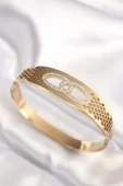 316L Çelik Gold Renk Zirkon Taşlı Kadın Kelepçe Bilezik - TJ-BB6022 - 1