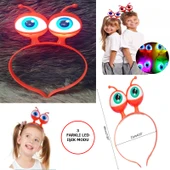Led Işıklı & Pilli 3 Farklı Modda Yanan Uzaylı Göz Parti Tacı Kırmızı Renk 18x12 cm - 1