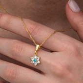 Gümüş Mavi Taşlı Gold Çiçek Kadın Kolye - 3