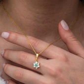 Gümüş Mavi Taşlı Gold Çiçek Kadın Kolye - 2