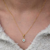 Gümüş Mavi Taşlı Gold Çiçek Kadın Kolye - 5