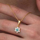 Gümüş Mavi Taşlı Gold Çiçek Kadın Kolye - 1