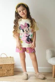 Bej Minnie Mouse Kısa Kollu Şortlu Çizgi Karakter Baskılı Kız Çocuk 2li Takım - 3