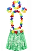 Yetişkin Ve Çocuk Uyumlu Luau Aloha Hawaii Yeşil Etek Ve Renkli Kolye Taç 2 Adet Bileklik Seti (4172 - 1