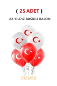 TİFOYS  ( 25 Adet ) Ay Yıldız Baskılı Lateks Balon Kırmızı Beyaz - 1
