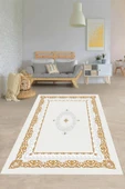 Makinede Yıkanabilir Leke Tutmaz  Krem-Gold Pvc Deri Kaymaz Taban Retro Salon Saçaksız Halı 387-02  ÇOKLU 100 x 300 - 1