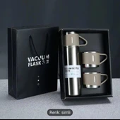 Portex Portex Hediyelik 3 Bardaklı Çelik Termos Seti 500 Ml. Vacuum Flask Set Karton Çantalı - Simli - 2