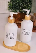 2’li Beyaz Mutfak Sıvı Sabunluk Seti 500ml+500ml Bambu Standlı - 2