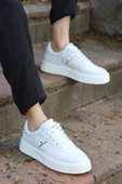 Zeno Beyaz Beyaz Garantili Dikişli Kalın Taban Bağcıklı Erkek Ortopedik Günlük Sneaker Spor Ayakkabı thumbnail 2