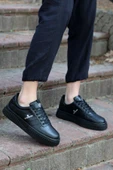 Zeno Siyah Siyah Garantili Dikişli Kalın Taban Bağcıklı Erkek Ortopedik Günlük Sneaker Spor Ayakkabı - 1