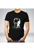 Siyah Atatürk İmzalı Baskılı Tişört Pamuklu Tişört - 1