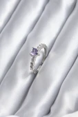 Gümüş Renk Zirkon Taşlı Mor Kristal Kalp Model Kadın Yüzük - TJ-BYK2849 - 1