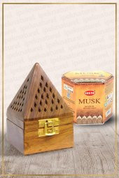 Ahşap Piramit Konik Tütsü Yakma Kutusu ve Musk Konik Tütsü 40 Adet - 1