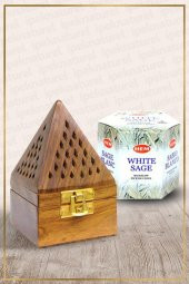 Ahşap Piramit Konik Tütsü Yakma Kutusu Ve White Sage Konik Tütsü 40 Adet - 1