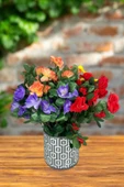 Nettenevime Yapay Çiçek Seramik Gri Saksıda Renkli Açelya Çiçekleri Aranjmanı thumbnail 1
