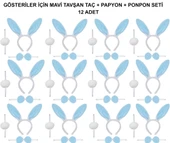 samur parti parti aksesuar & kostüm Mavi Tavşan Kostüm Seti – Taç, Papyon, Ponpon (12’li Paket) - 1