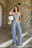 Vesna Keten Çizgili Crop Takım 9806-0025 - 2