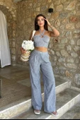 Vesna Keten Çizgili Crop Takım 9806-0025 - 1