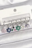 Pirinç Gümüş Renk Sallantı Renkli Zirkon Taşlı Çiçek Model Kadın Küpe Seti - 1