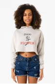 Jisoo Flower Beyaz Kırçıllı Kadın Crop Kapşonlu thumbnail 1