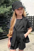Kız Çocuk Kolsuz Penye Bluz Kısa Kollu Blazer Ceket Şapkalı Siyah Şortlu Takım - 11
