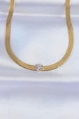 316L Çelik Gold Renk Tek Zirkon Taşlı İtalyan Zincir Kolye - TJ-BKO8747 - 1