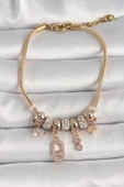 316L Çelik Gold Renk Zincir Sallantı Zirkon Taşlı Messika Figür Yıldız Detay Kadın Bileklik - TJ-BB6696 - 1