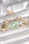 Pirinç Gold Renk Zirkon Taşlı Daire Pembe Mineli Detay 6'Lı Kadın Yüzük Seti - TJ-BYK3630 - 1