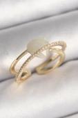 Pirinç Gold Renk Beyaz Kristal Kalp Model Zirkon Taş Detay Kadın Yüzük - TJ-BYK3644 - 1