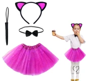 KENPAZAR Fuşya Renk Etekli Kedi Kostüm Seti (Tütü, Taç, Papyon, Kuyruk) - 1